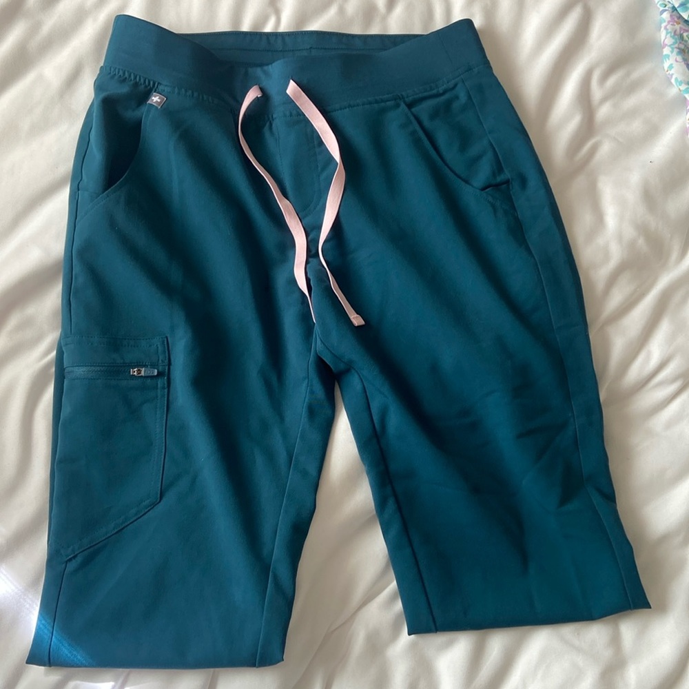 Figs Caribbean Blue Scrub Joggers with Pink Drawstring